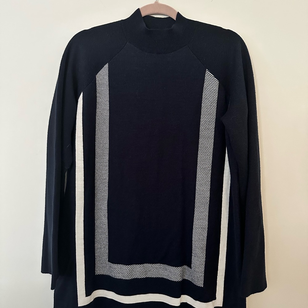 Ann Taylor Geo Merino Wool Blend Mock Neck Sweater navy XL